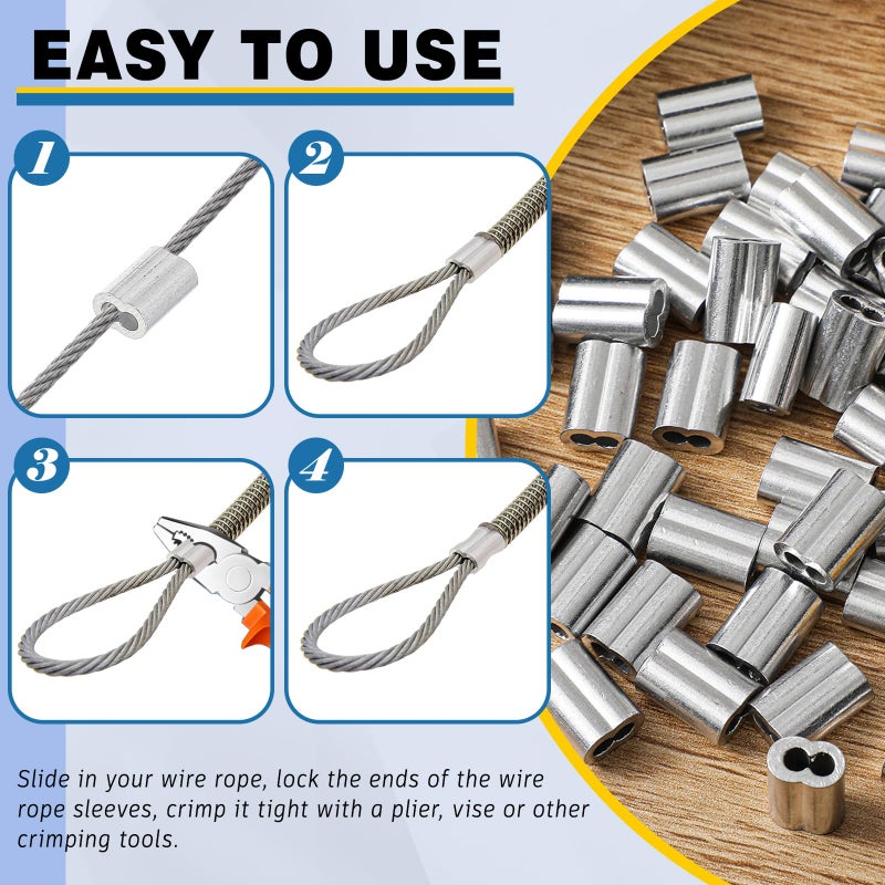 Yaocom 200 قطعة من Yaocom 1/8 بوصة من الألومنيوم مع حلقات تجعيد وحلقات سلكية وأكمام حبل سلكية بقطر 1/8 بوصة وأطراف خط الكابل - Image 4